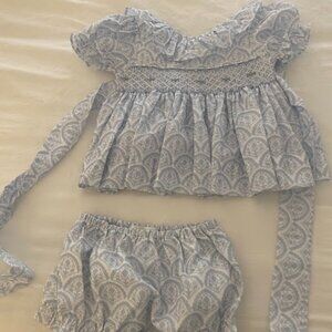 Cecil & Lou Blue and White Damask Smocked Ruffle Diaper Set - 18M